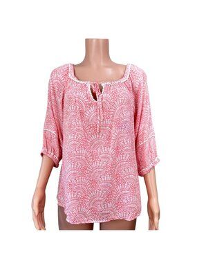 Crown & Ivy Women SZ L Petite  Coral Top Blouse Tie Collar Neck Summer casual